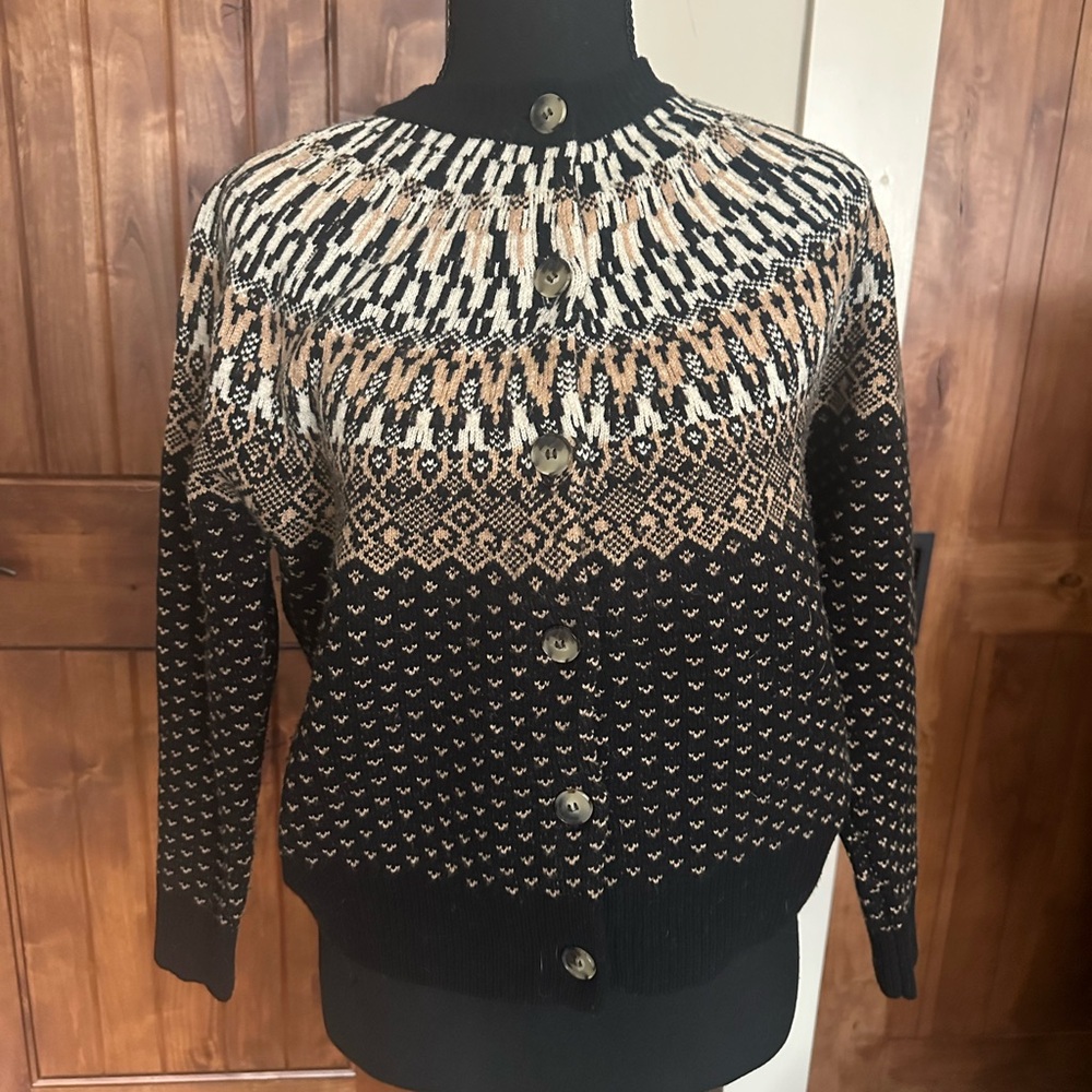 Vineyard Vines Black and Cream Fair Isle Patterned Cardigan